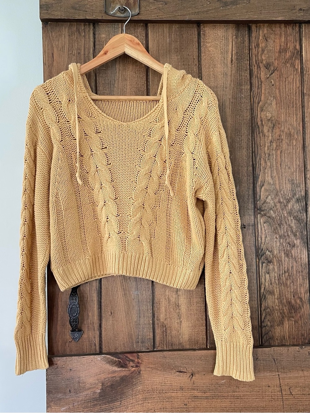 Mustard Yellow Cable Knit Cropped Crop Sweater Hoodie Medium
